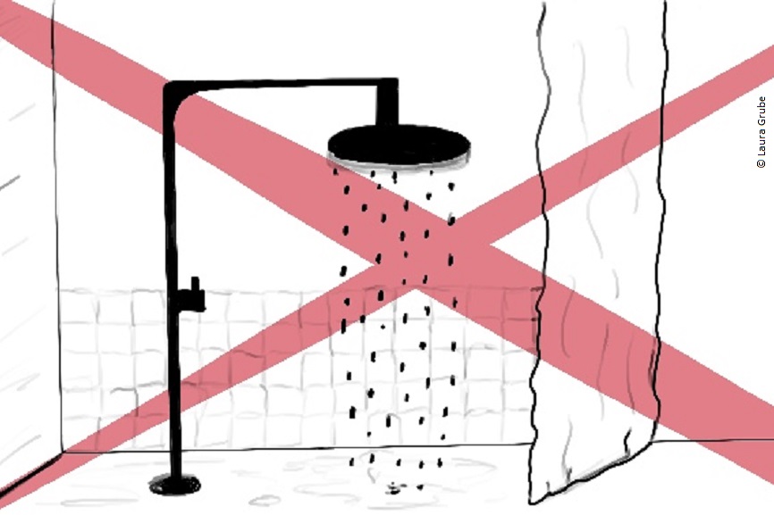 Die Illustration einer Dusche. Das Bild ist mit einem roten kreuz belegt. 